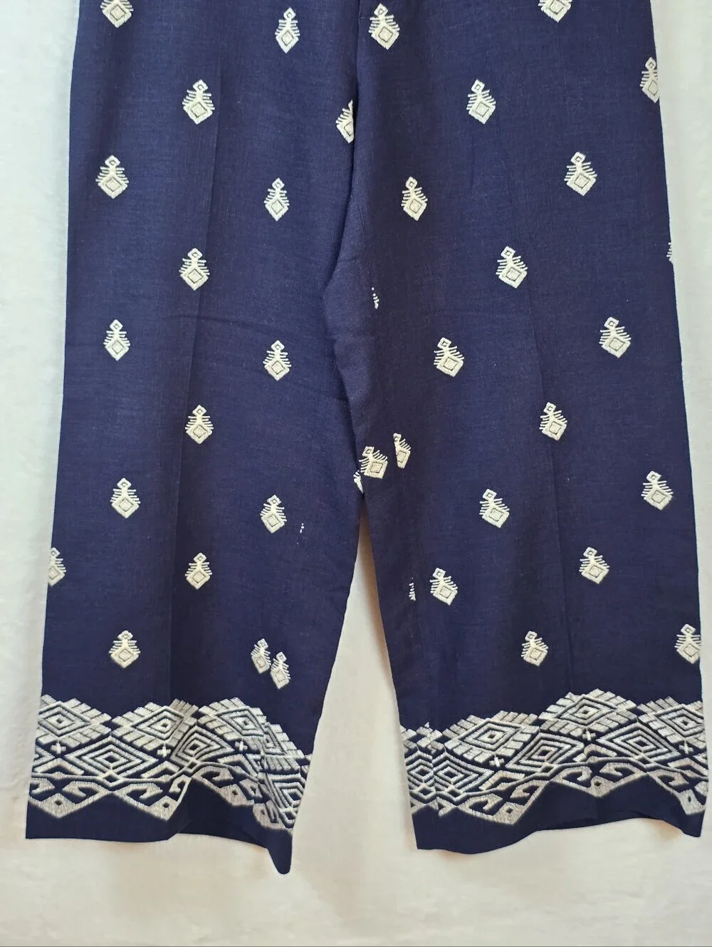 Zara High Waisted Embroidered Culottes Linen Blend Cropped Wide Leg Pants Sz.L